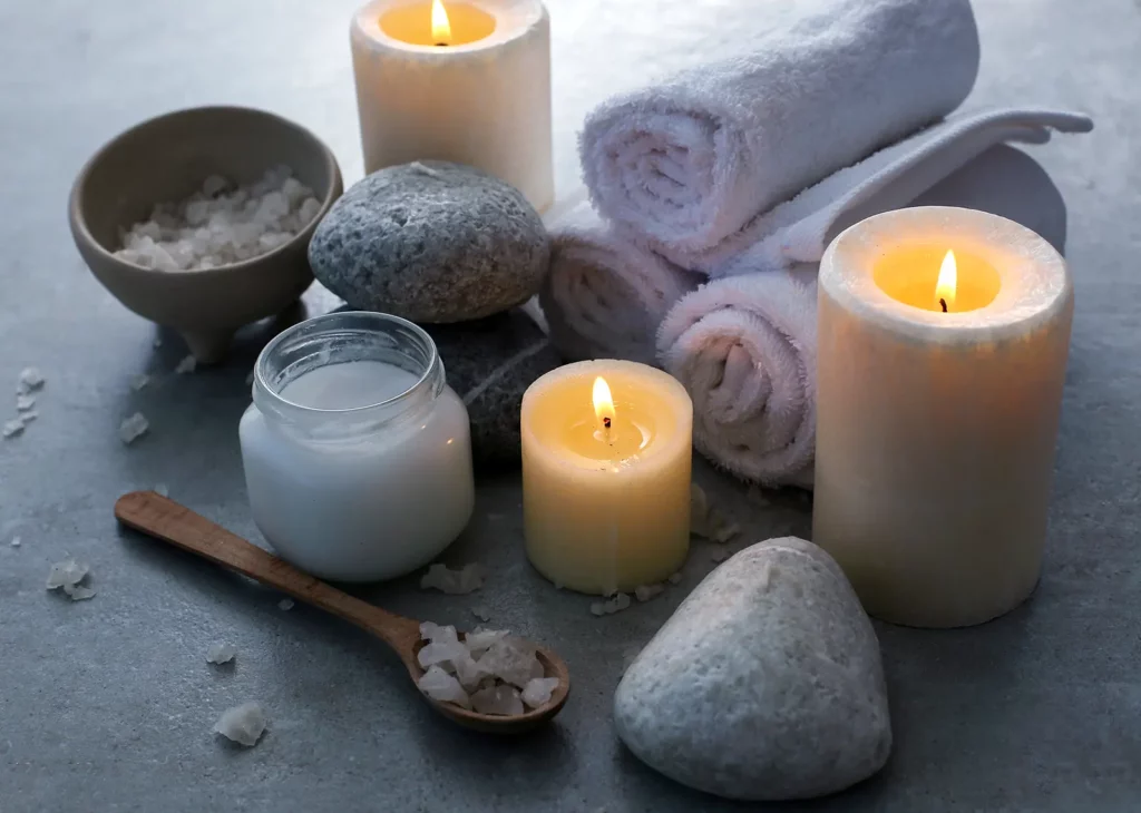 candles and decorative rocks