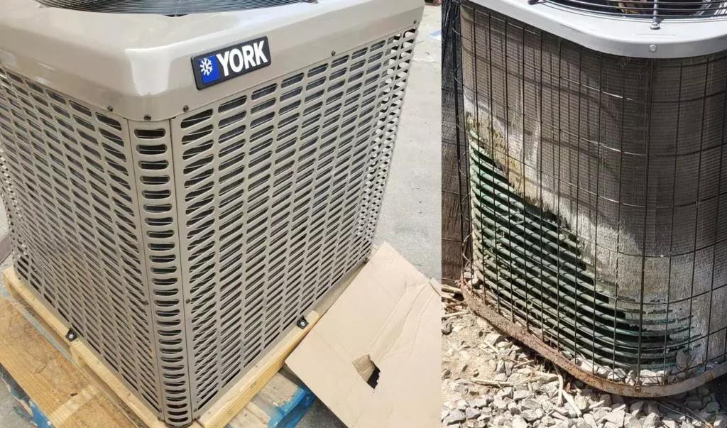 two air conditioners side by side showing one new and the other damaged by dog urine