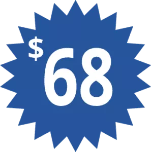 A blue star with a $68 on it, used to indicate there is a 68.00 special. 