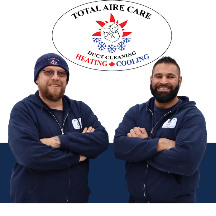 Alt text: "Two smiling technicians in navy blue uniforms standing confidently with crossed arms in front of a 'Total Aire Care' logo featuring heating and cooling symbols, promoting professional duct cleaning services."
