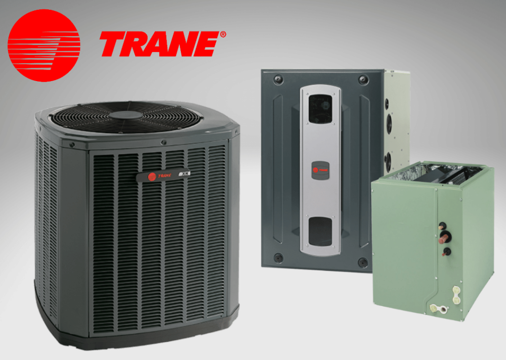 An array of Trane HVAC products, featuring an outdoor air conditioning unit, a gas furnace, and an air handler, all branded with the Trane logo, against a gray background for residential cambridge heating and cooling solutions.