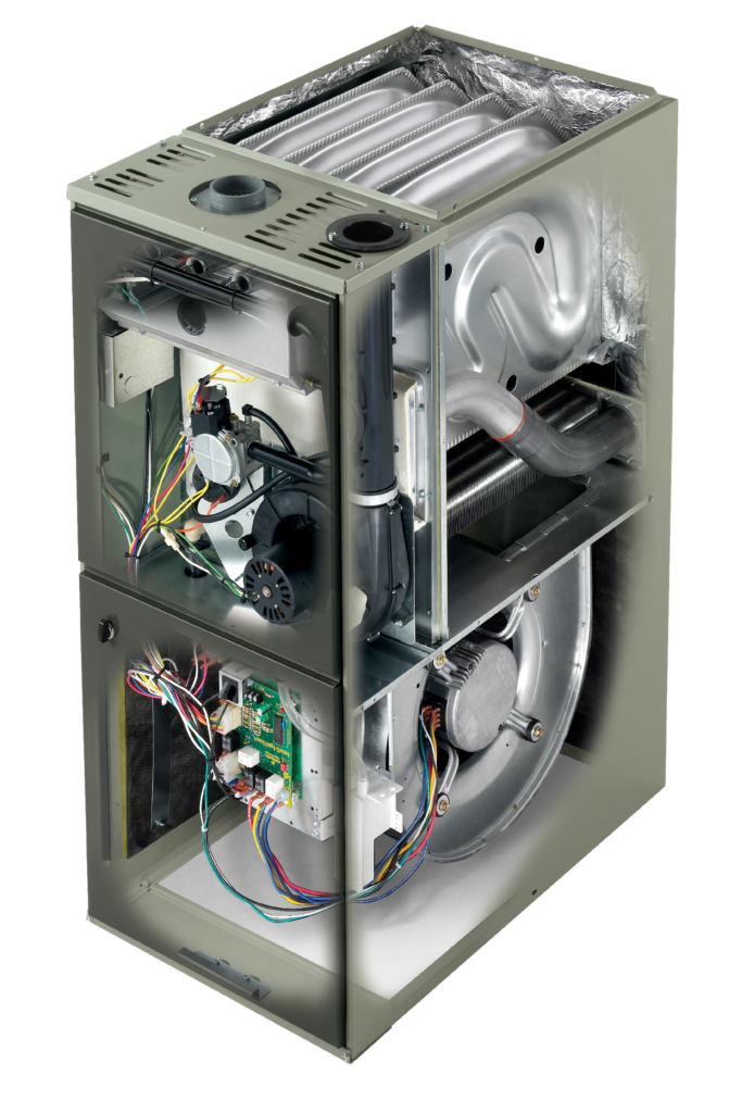 Cutaway view of a modern furnace showing internal components for HVAC maintenance and repair topics, helping to illustrate The Average Life Expectancy of a Furnace