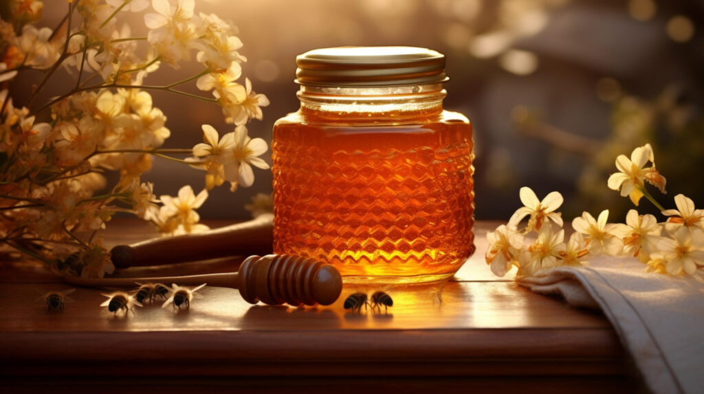 Amber honey in a glass jar with honeycomb design on an antique wooden table, accompanied by a wooden honey dipper and delicate white flowers, with bees nearby symbolizing natural honey production. The warm, golden sunlight accentuates the rich color of the honey, evoking a sense of organic purity and the gentle buzz of a summer day.
