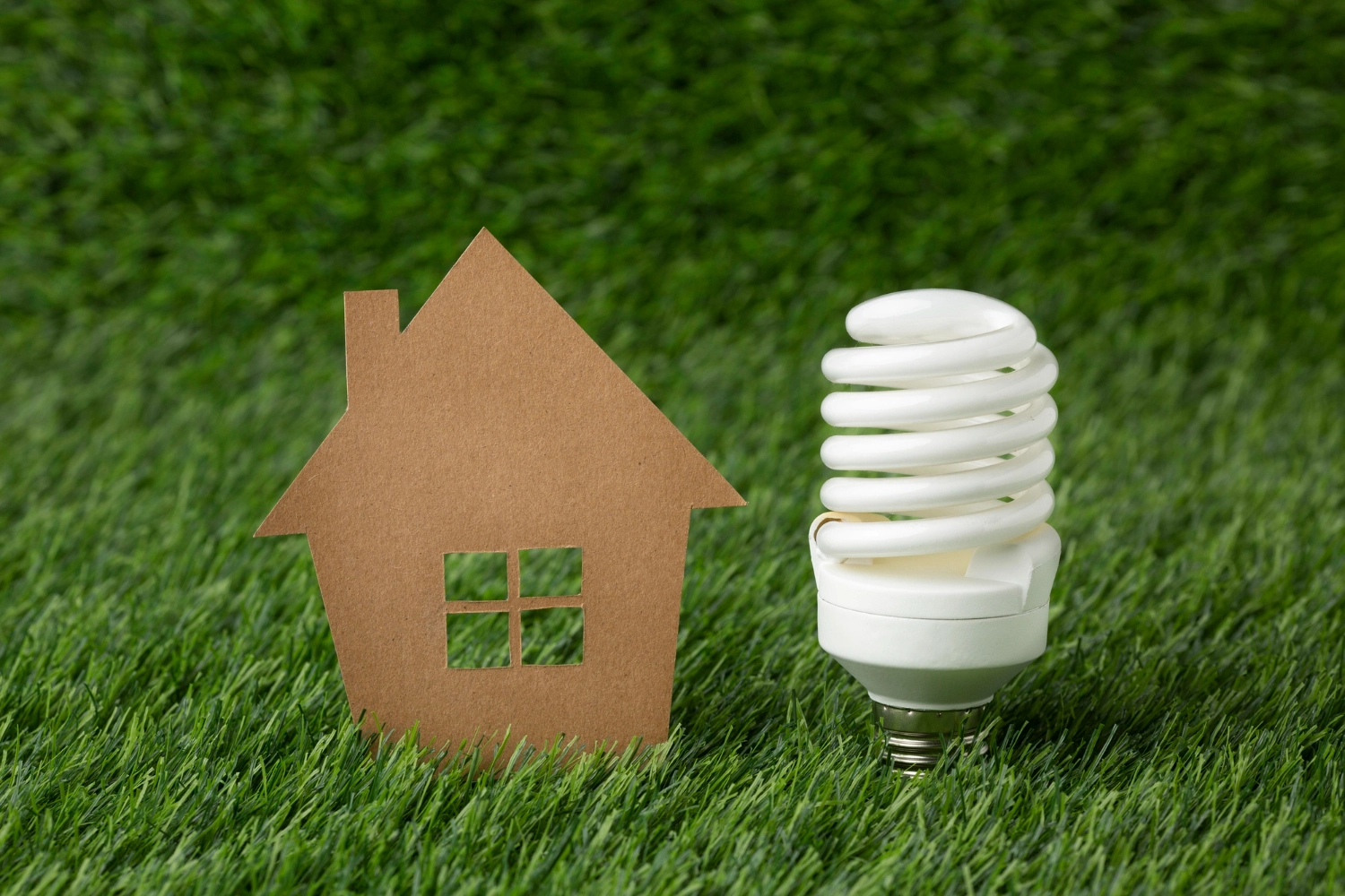 A cardboard cutout of a simple house with a window and a door is placed on a lush green grass background. Next to the house, a large energy-saving spiral CFL bulb stands, emphasizing eco-friendly energy solutions for homes.