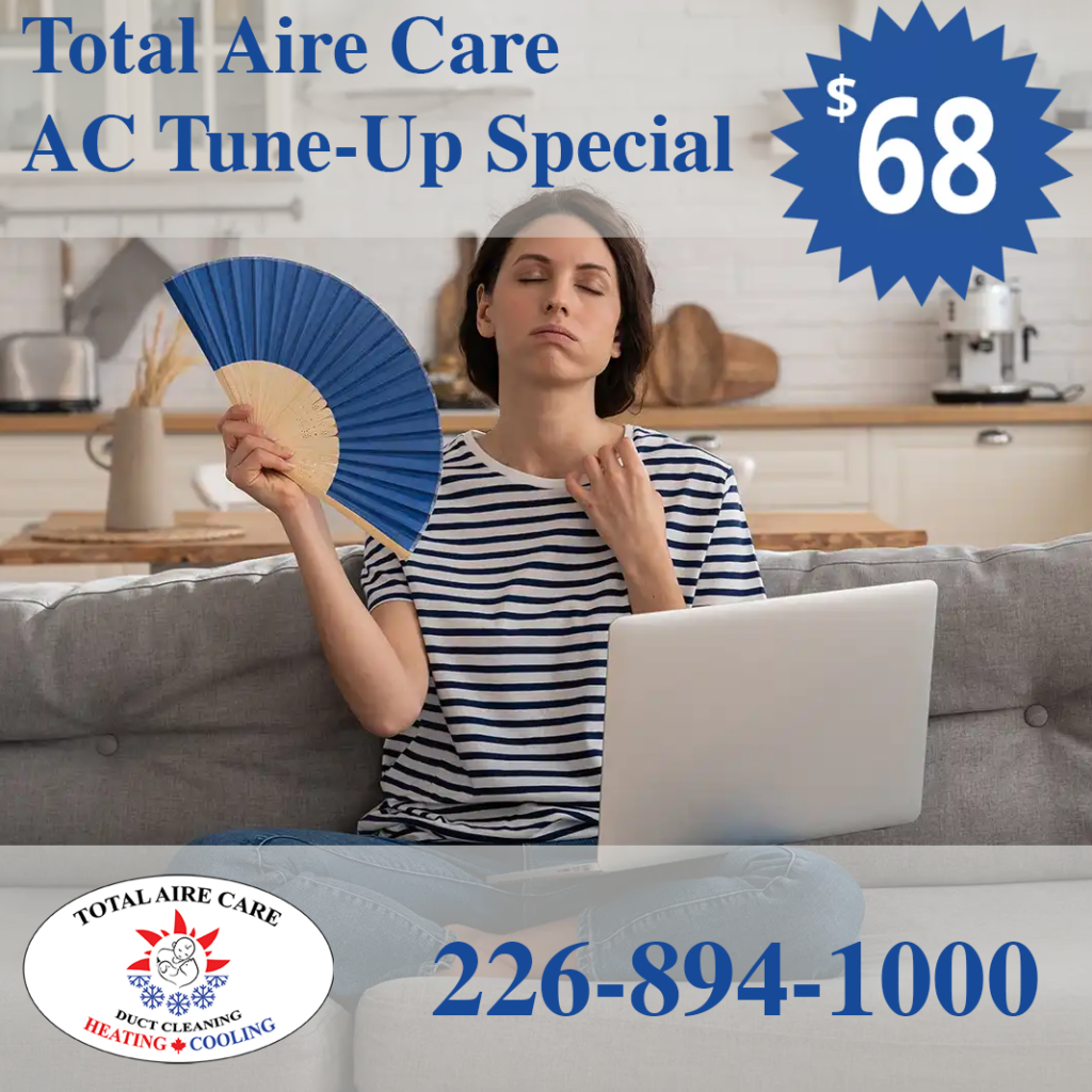 Image of a woman sitting on a couch waving a fan to cool off with a laptop on her lap. Text on image states "Total Aire Care AC Tune-Up Special $68.00. 226-894-1000 Air Conditioner Tune-Up Special promotion